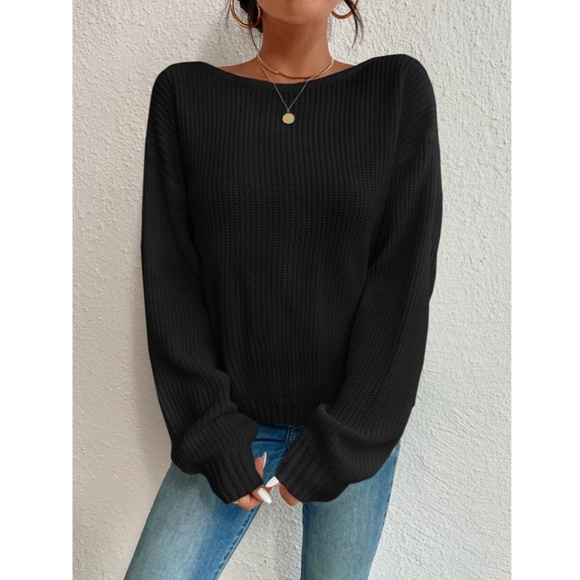 Black Backless Pearl Detail Oversized Knit Sweater Twisted Back Long Sleeve - Picture 6 of 7